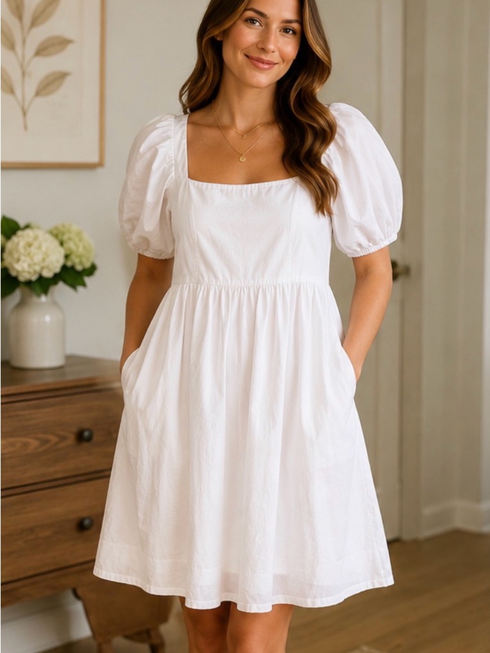 Draper James White Puff Sleeve Smocked Cotton Dress – Size Large